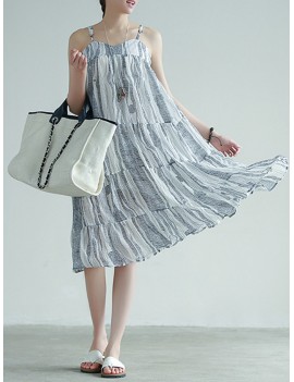 Stripe Patchwork Spaghetti Strap Vintage Mid-calf Dresses